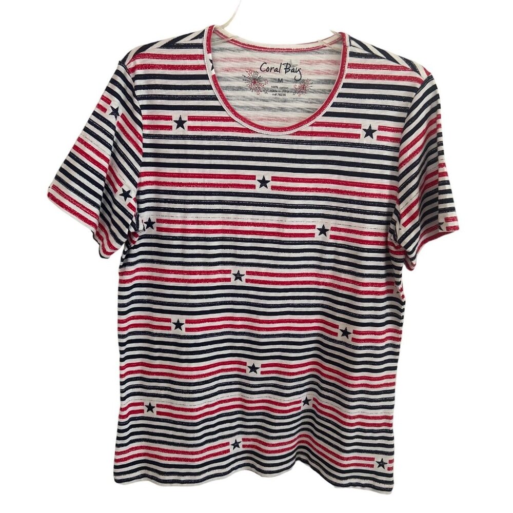 Coral Bay, Red White & Blue Short Sleeve Cotton Tee, Size Medium